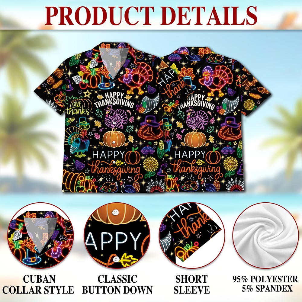 Netecom Neon Thanksgiving Hawaiian for Men Women, Happy Turkey Day Button Down Summer Beach Short Sleeve Shirts, S-5XL