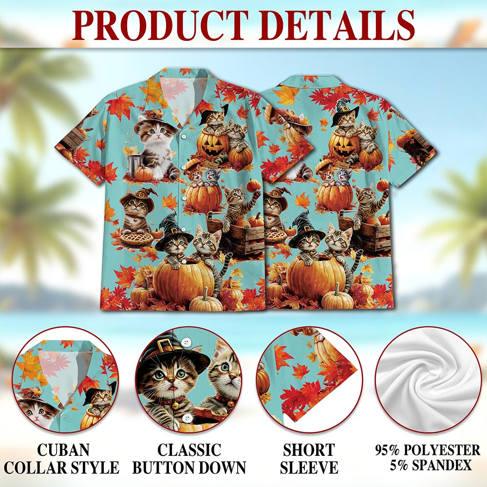 Netecom Cat Pumpkin Hawaiian Shirt for Men, Cute Kitten Halloween Holiday Button Down Summer Beach Short Sleeve Shirt, S-5XL