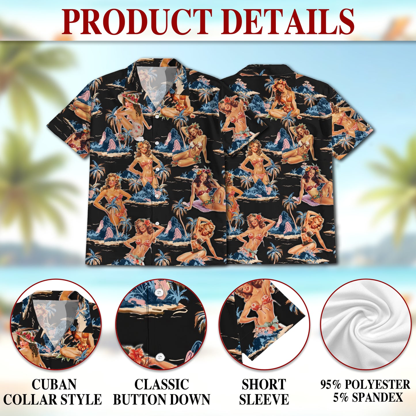 Netecom Tropical Pinup Girl Black Hawaiian Shirt for Men Women, Beautiful Girl Button Down Summer Beach Shirts