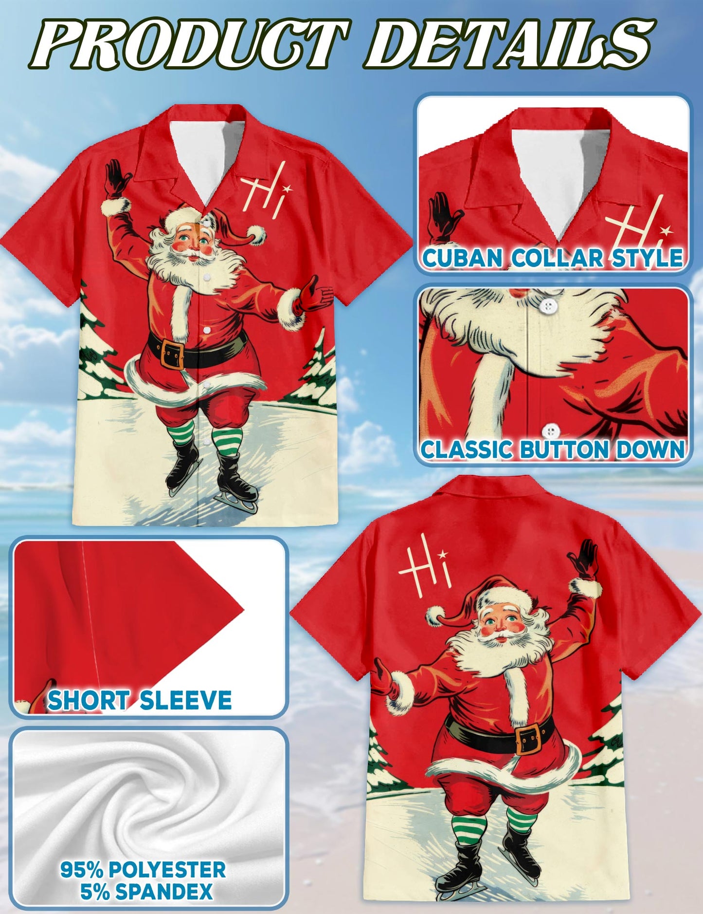 Netecom Vintage Ice Skating Santa Hawaiian Shirt for Men, Retro Old Fashion Christmas Button Down Summer Beach Shirt, S-5XL