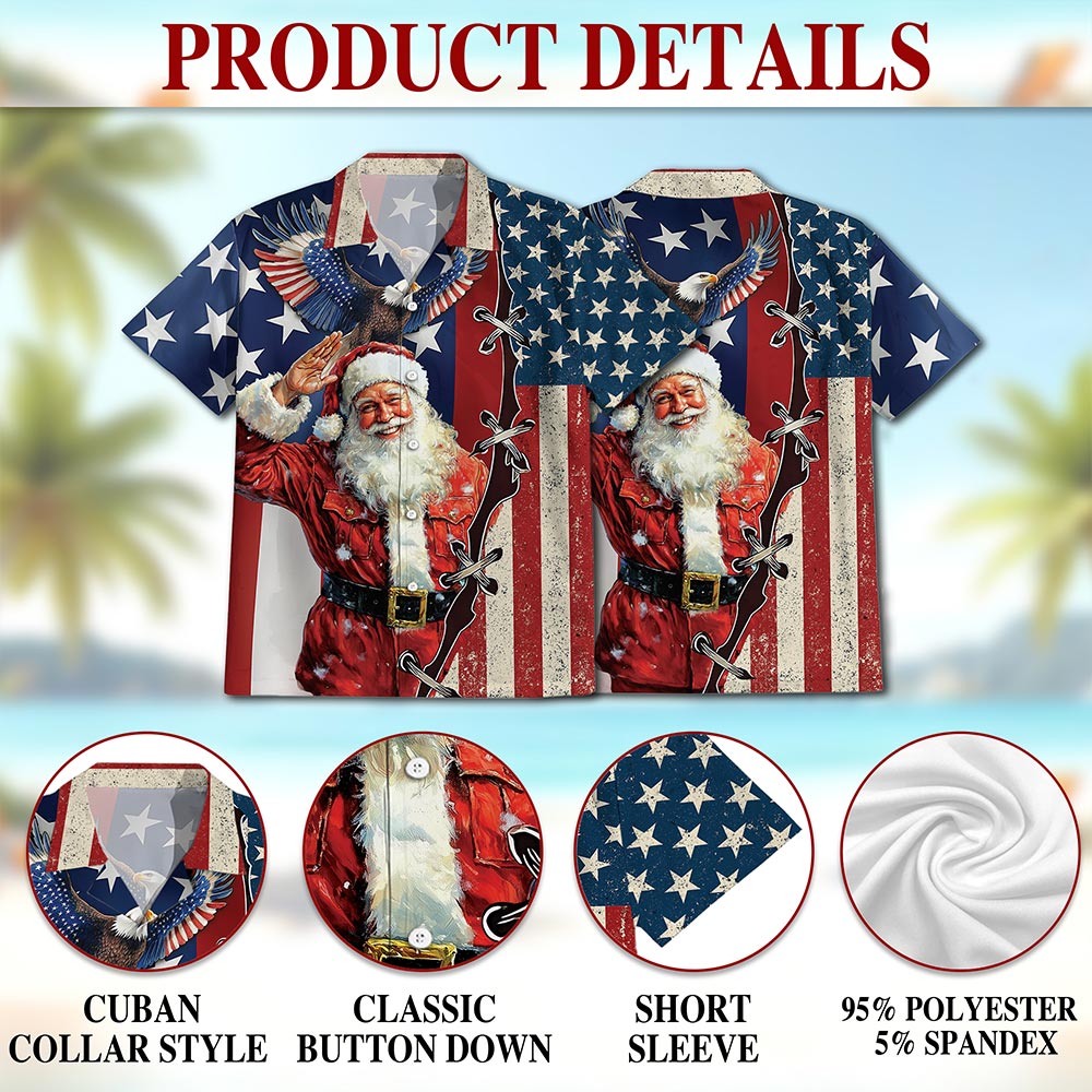 Netecom Patriotism American Christmas Hawaiian Shirt for Men, Santa Eagle USA Flag Button Down Summer Beach Shirts, S-5XL