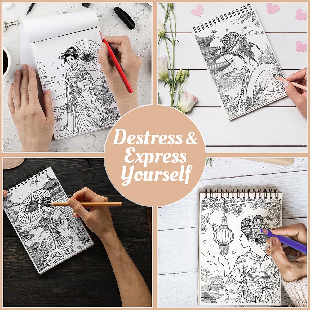 Netecom Geisha Coloring Book Spiral Bound for Adults, A5 Wooden Cover, 30 Elegant Coloring Pages of Traditional Japanese Beauty for Stress Relief and Relaxation