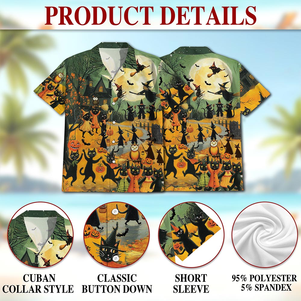 Netecom Black Cat Hawaiian Shirt for Men, Halloween Present, Animal Pumpkin Button Down Summer Beach Shirts, S-5XL
