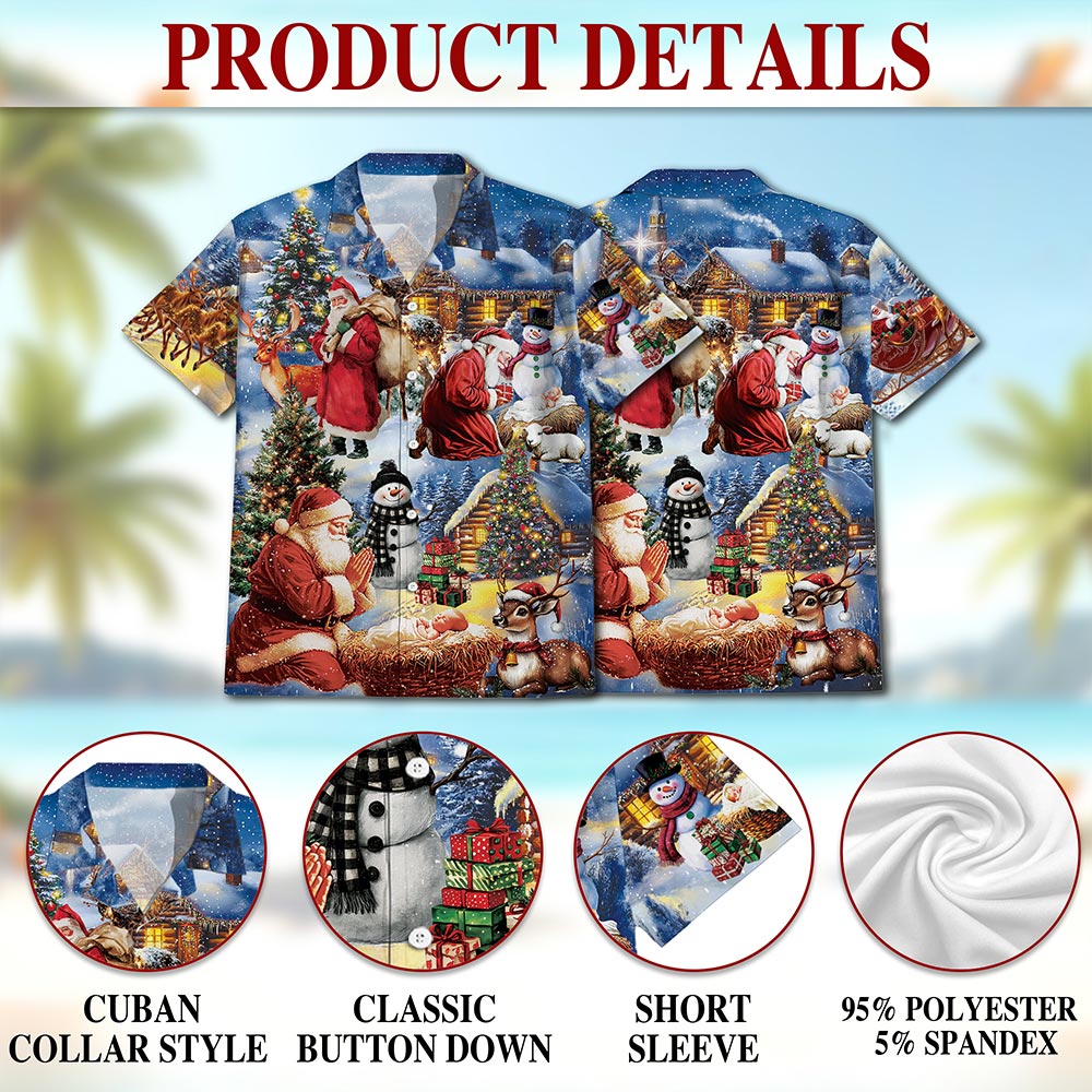 Netecom Christmas Nativity Hawaiian Shirt, Santa Claus Jesus Holiday Button Down Summer Beach Short Sleeve Shirts, S-5XL