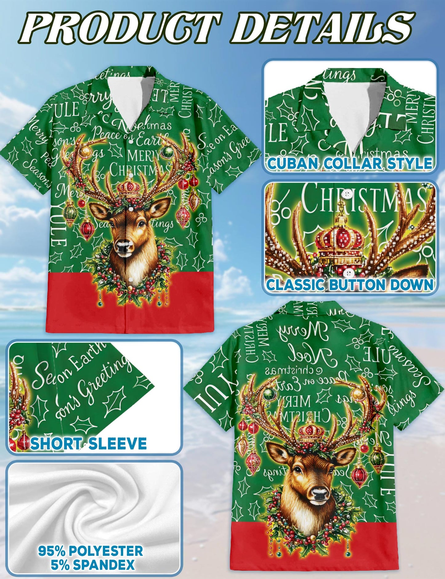 Netecom Reindeer Christmas Hawaiian Shirt for Men Women, Funny Holiday Button Down Summer Beach Short Sleeve Shirts, S-5XL