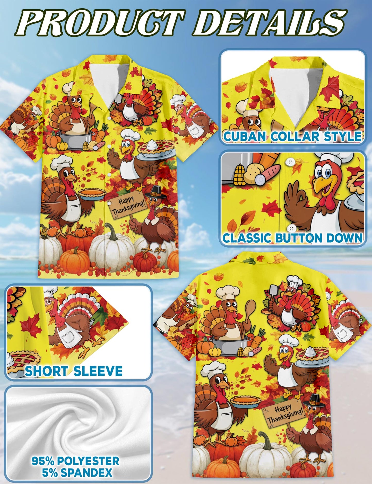Netecom Happy Thanksgiving Hawaiian for Men Women, Fall Leaves Pumkpin Button Down Summer Beach Shirts, S-5XL