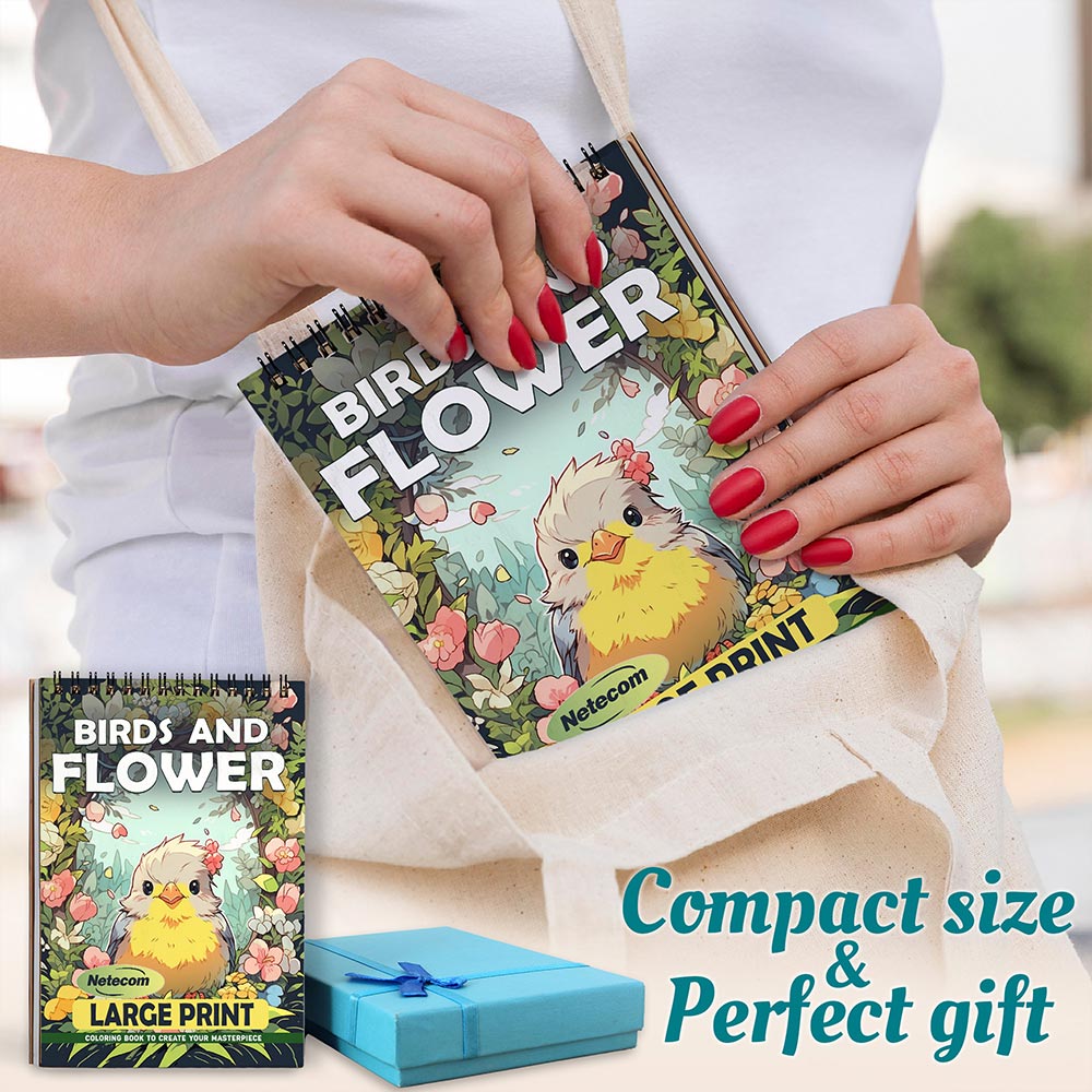 Netecom Large Print Birds And Flower Spiral Coloring Book For Adults