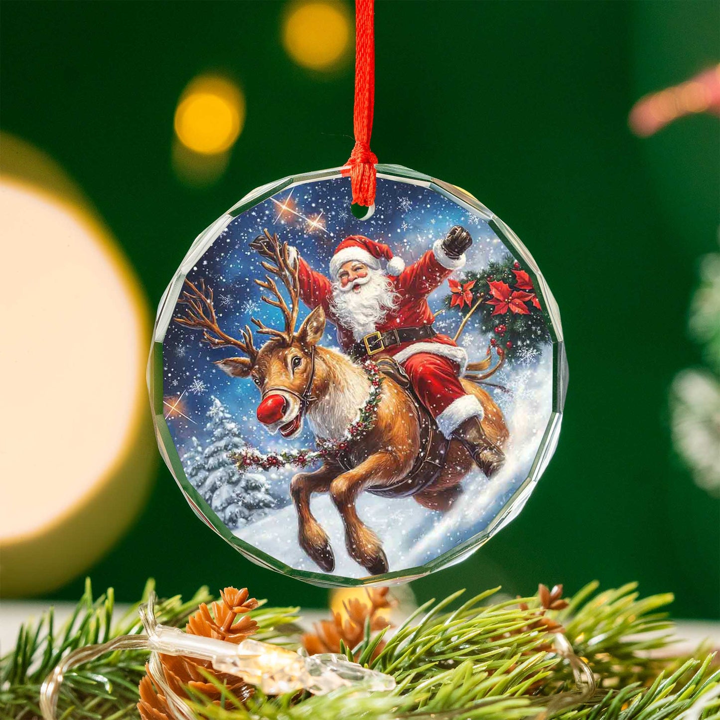 Netecom Santa Claus Riding Reindeer with Poinsettias Glass Ornament – Christmas Tree Decor for the Holidays, 3 in
