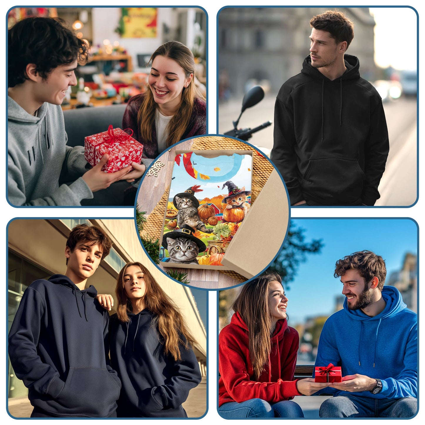 Netecom Thanksgiving Cat Print Hoodie with Front Pocket, All Over Happy Turkey Day Graphic Sweatshirt Unisex Casual