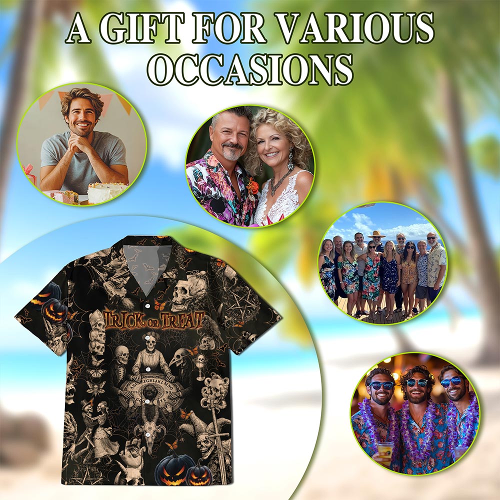 Netecom Vintage Skull Halloween Hawaiian Shirt for Men, Halloween Present, Skeleton Button Down Summer Beach Shirts, S-5XL