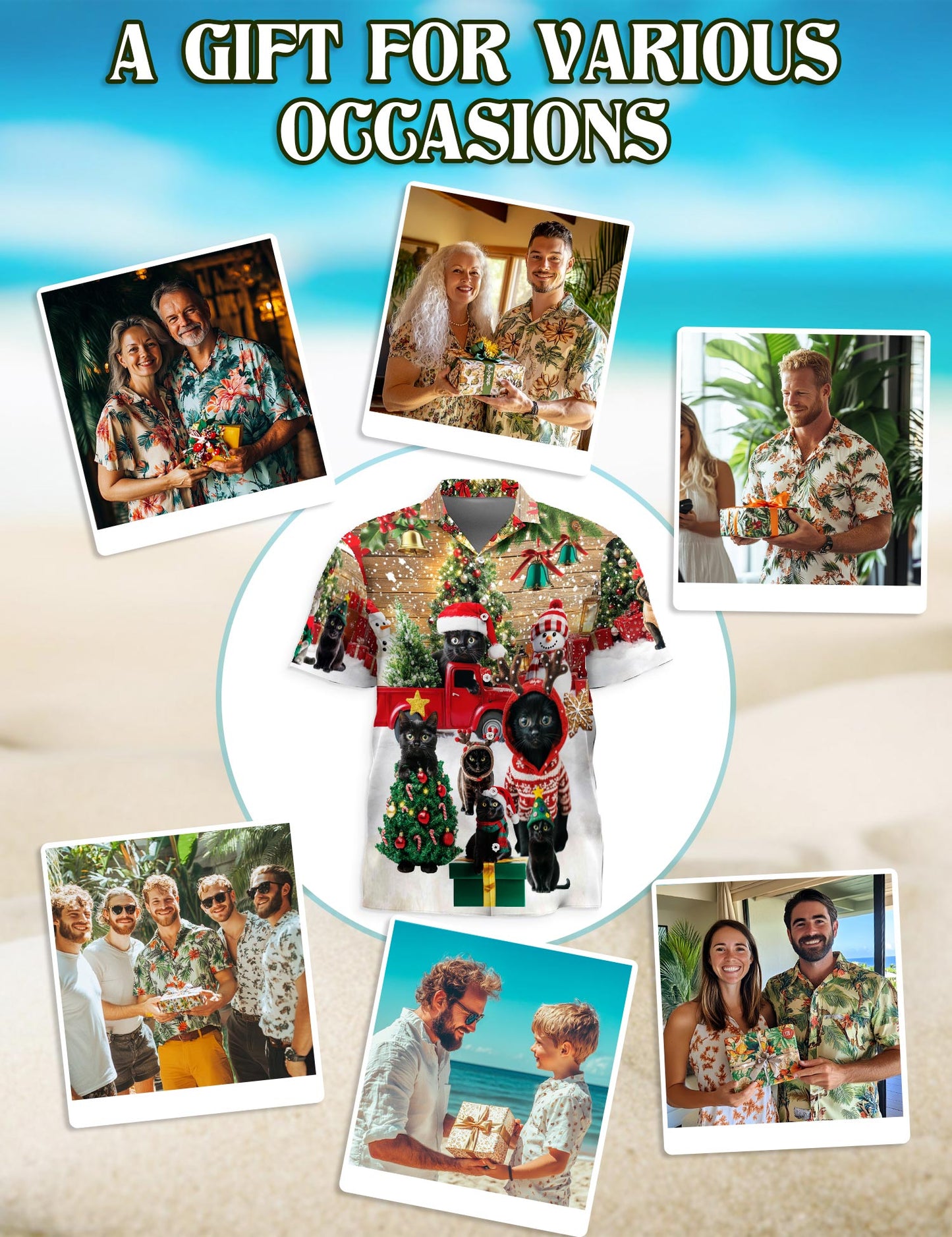 Netecom Black Cat Christmas Hawaiian Shirt for Men, Funny Holiday Kitten in Santa Hat Button Down Shirt, S-5XL
