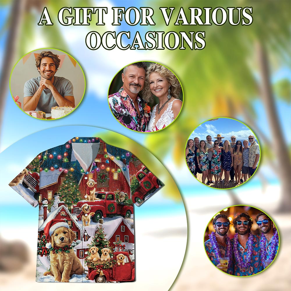 Netecom Golden Retriever Christmas Hawaiian Shirt for Men, Dog Lover Gift, Funny Animal Button Down Summer Beach Shirts, S-5XL