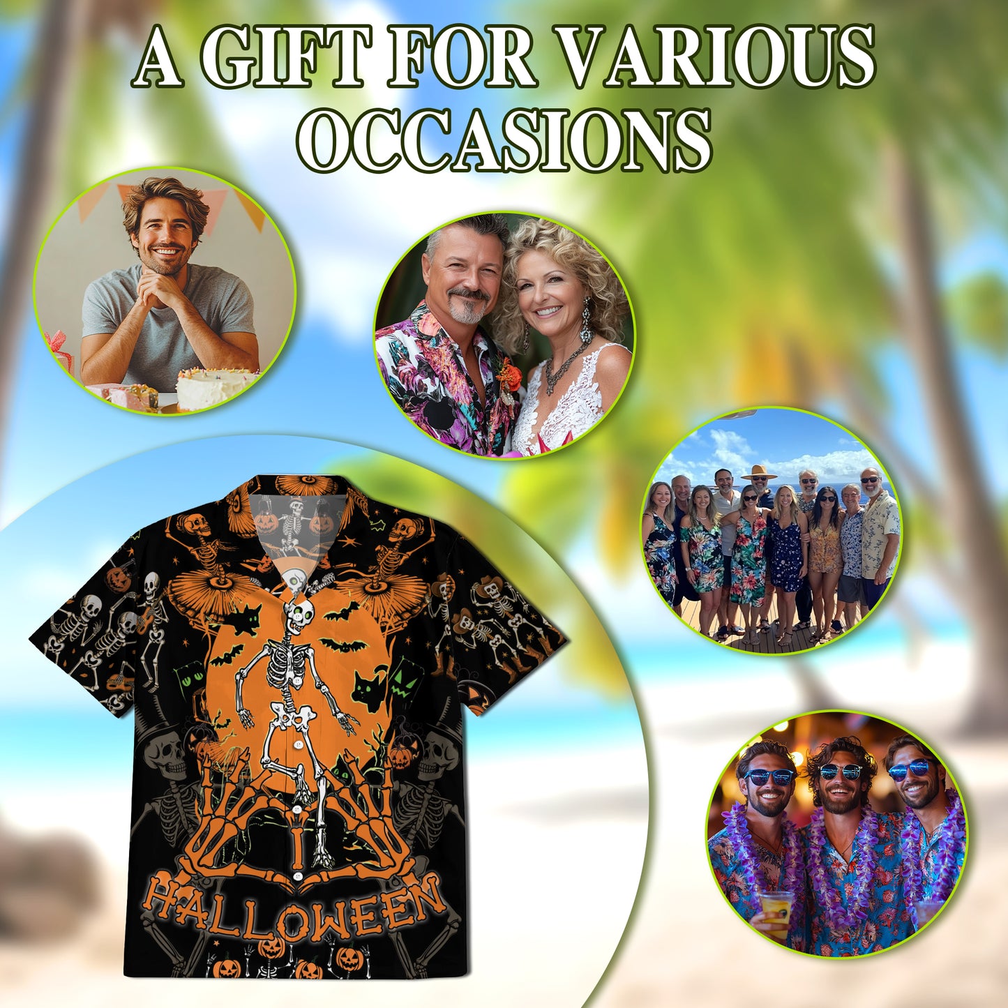 Netecom Dancing Ghost Halloween Hawaiian Shirt for Men, Scary Dancing Skeleton Button Down Summer Beach Shirts