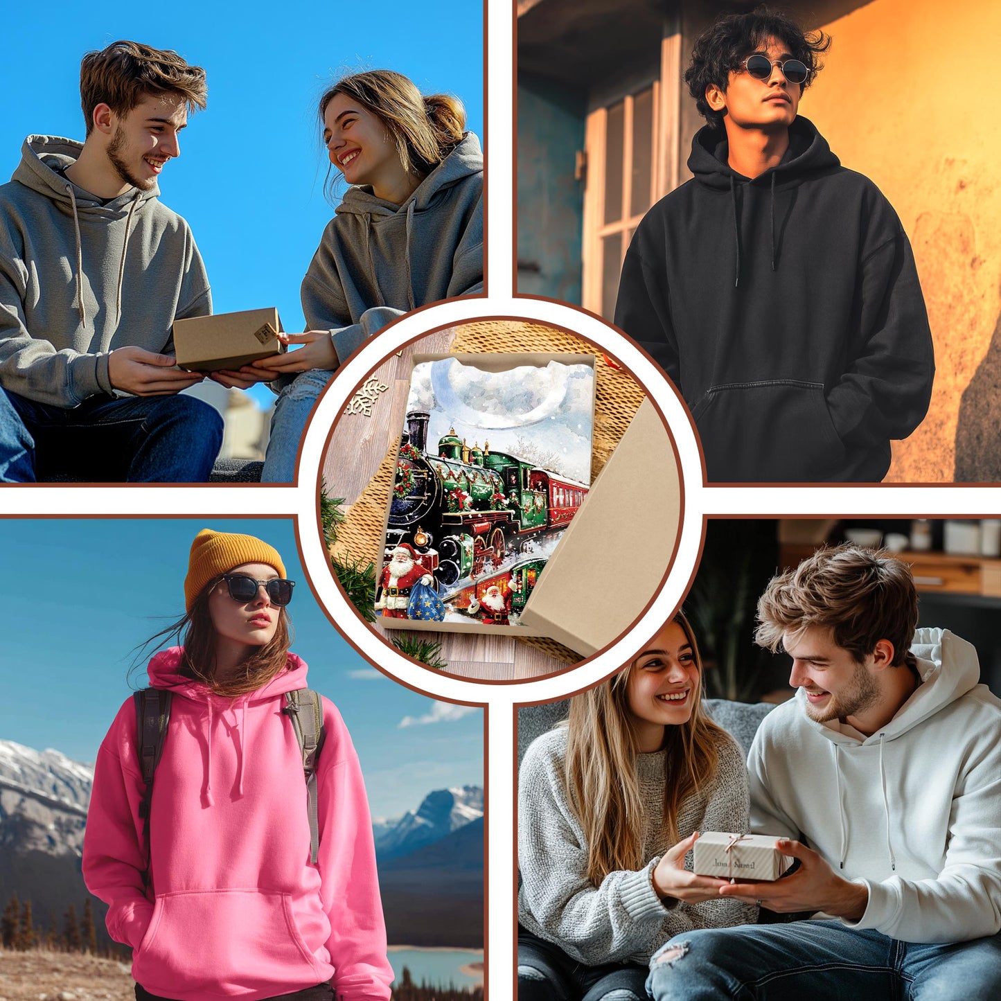 Netecom Christmas Train 3D Hoodie with Front Pocket, Unisex Casual All Over Vintage Santa Claus Graphic Sweatshirt