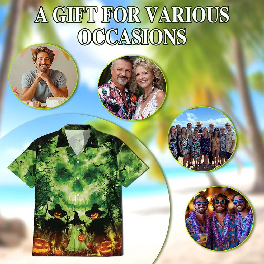 Netecom Halloween Ghost Hawaiian Shirt for Men Women, Pumpkins Skull Button Down Summer Beach Short Sleeve Shirts, S-5XL