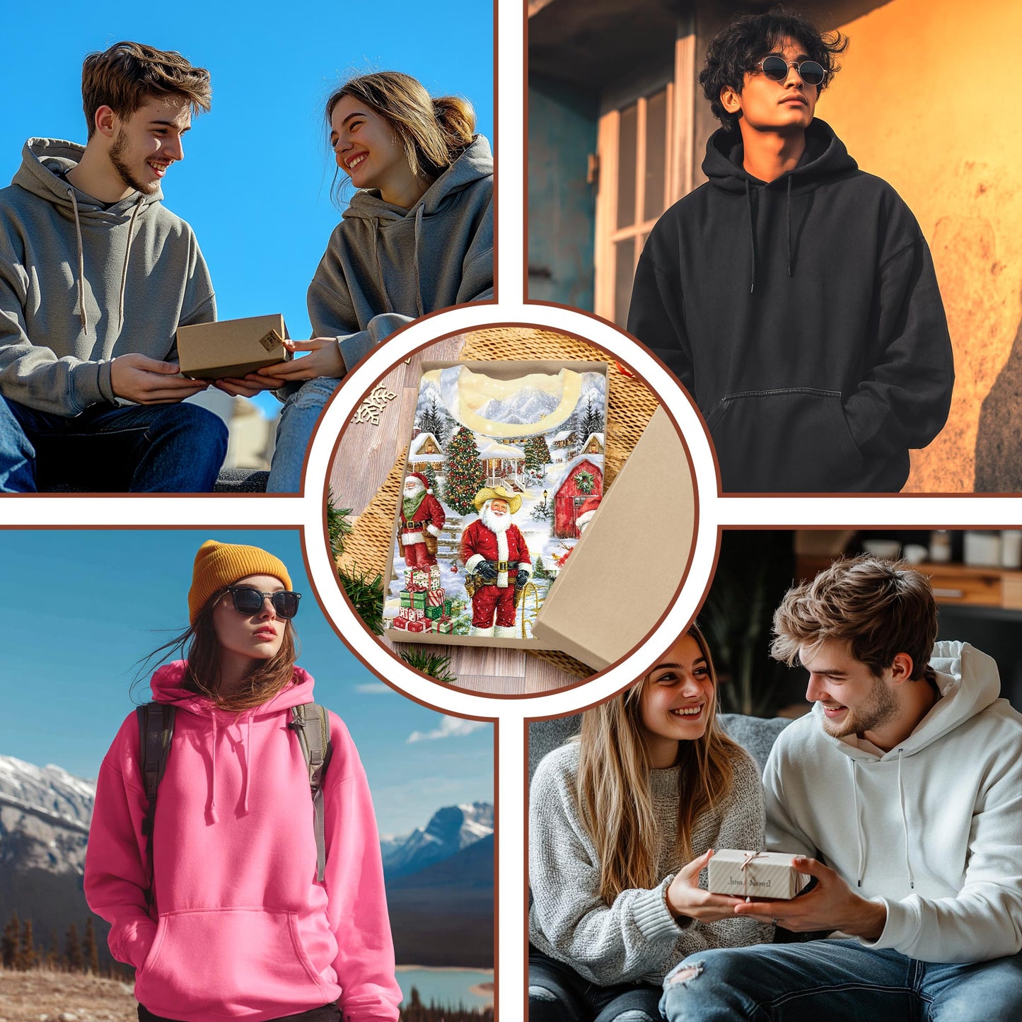 Netecom Cowboy Santa Christmas 3D Hoodie with Front Pocket, Unisex Casual All Over Vintage Holiday Graphic Sweatshirt