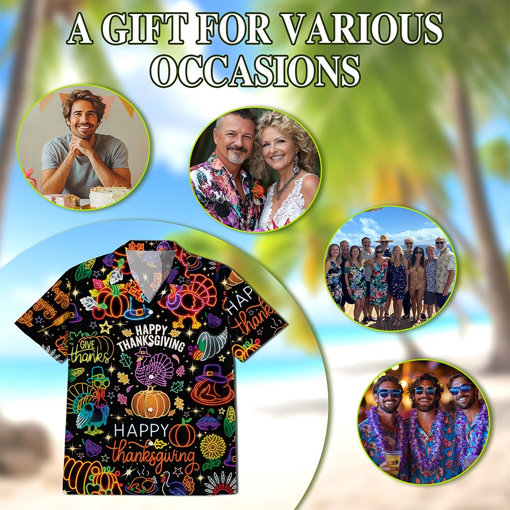 Netecom Neon Thanksgiving Hawaiian for Men Women, Happy Turkey Day Button Down Summer Beach Short Sleeve Shirts, S-5XL