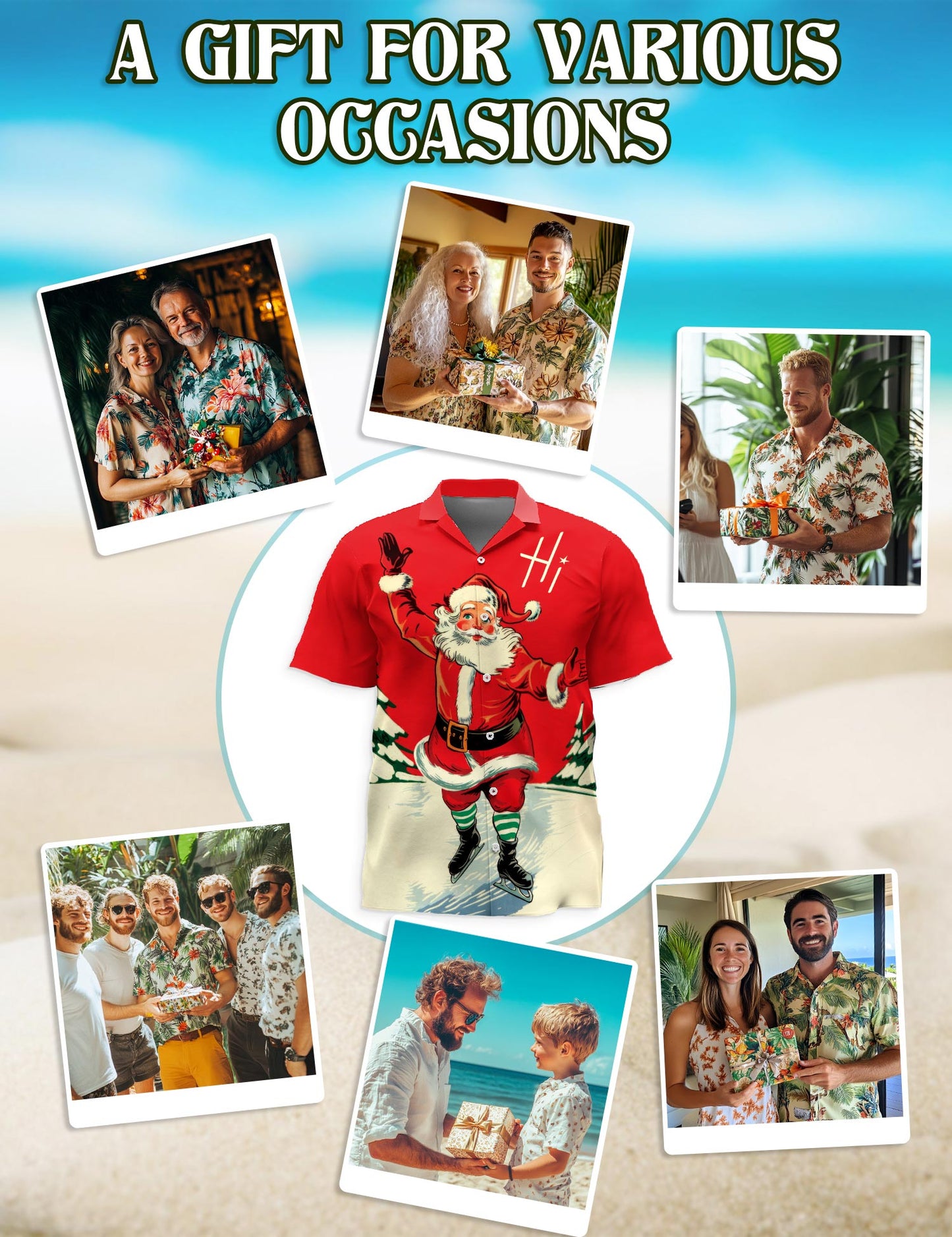 Netecom Vintage Ice Skating Santa Hawaiian Shirt for Men, Retro Old Fashion Christmas Button Down Summer Beach Shirt, S-5XL