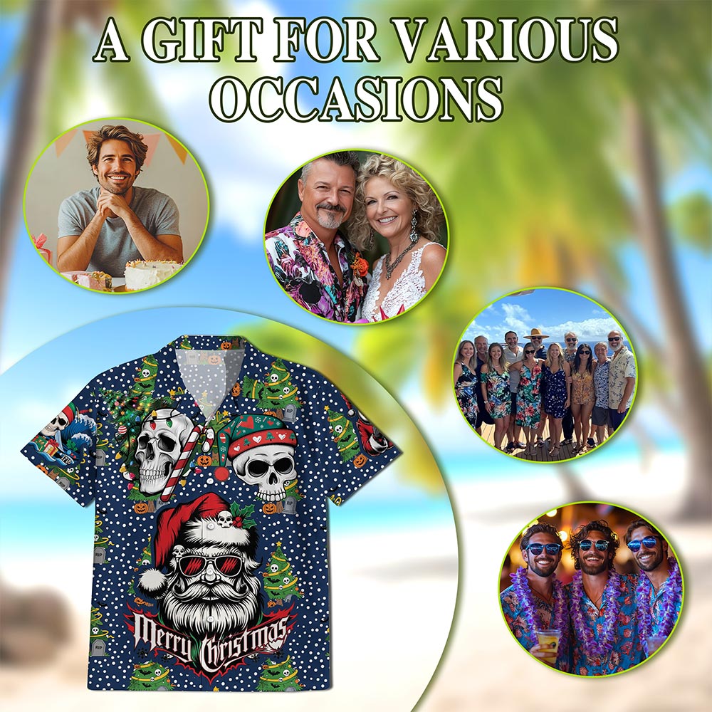 Netecom Santa Skull Christmas Hawaiian Shirt for Men Women, Gothic Skeleton Santa Button Down Summer Beach Shirts, S-5XL
