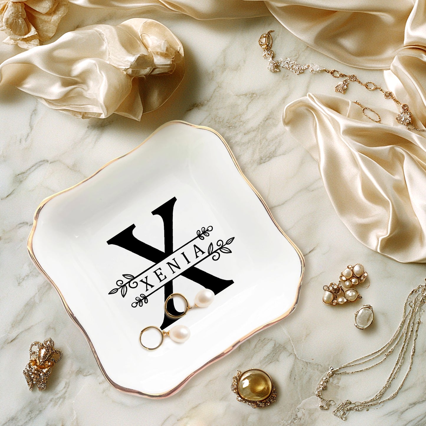 Netecom Custom Jewelry Tray with Floral Design and Initials, Personalized Ceramic Tray for Family Gifts, Weddings, or Mother’s Day