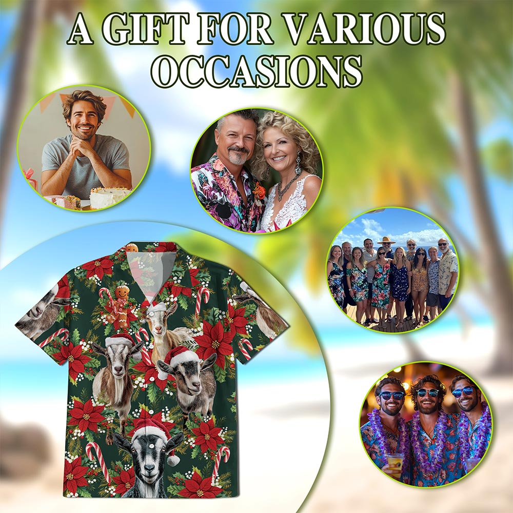 Netecom Funny Goat Christmas Hawaiian Shirt, Farm Animal Holiday Print Button Down Summer Beach Short Sleeve Shirt, S-5XL