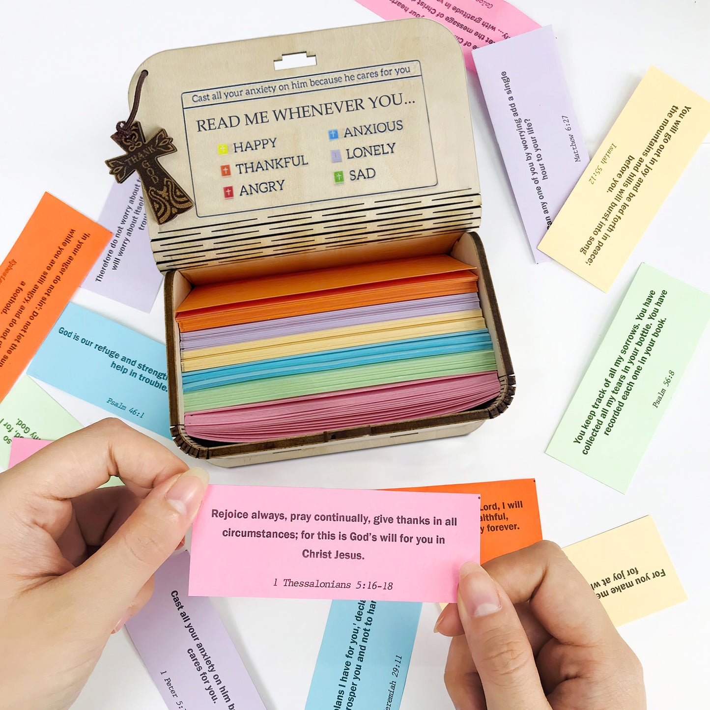Handmade Bible Verse Cards Box (150 pcs), Bible Verses With Wooden Box for Emotion and Feeling, Inspirational Bible Gifts, Mom Gifts, Graduation Gift, Christian Gift for Women Men, Purple