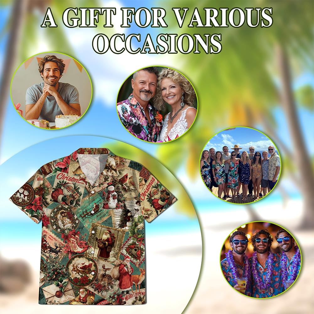 Netecom Merry Christmas Santa Claus Hawaiian Shirt for Men, Retro Holiday Button Down Summer Beach Short Sleeve Shirts, S-5XL