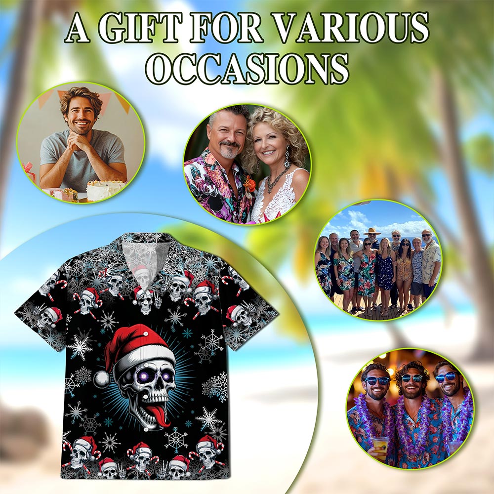 Netecom Skull Christmas Hawaiian Shirt for Men Women, Santa Hat Skeleton Button Down Summer Beach Short Sleeve Shirts, S-5XL