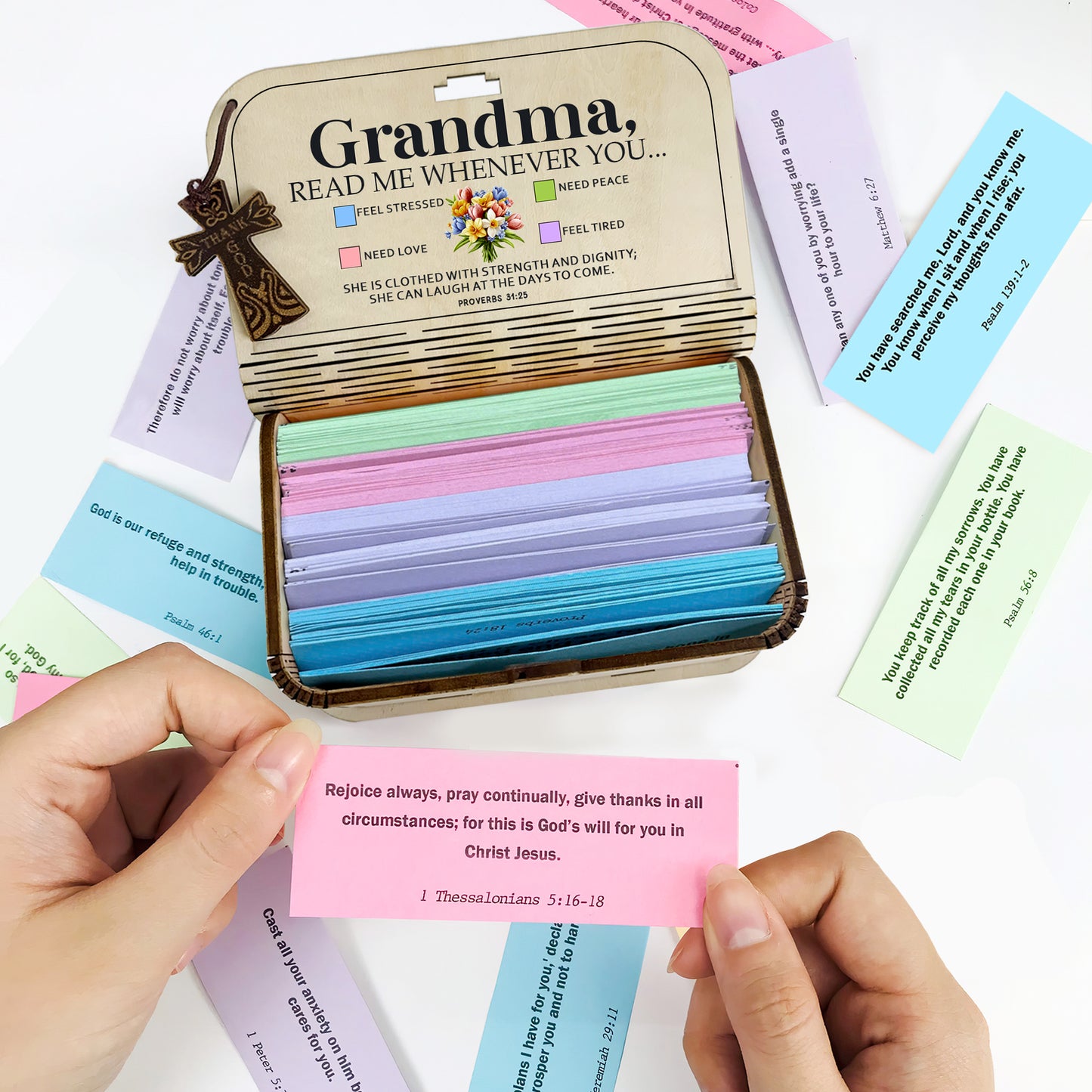 Bible Verse Box for Grandma– 150 Prayer Cards, Read Me Whenever Bible Verses With Wooden Box for Emotion & Feeling, Mother's Day, Inspirational Scriptures, Christian Bible Gifts for Women