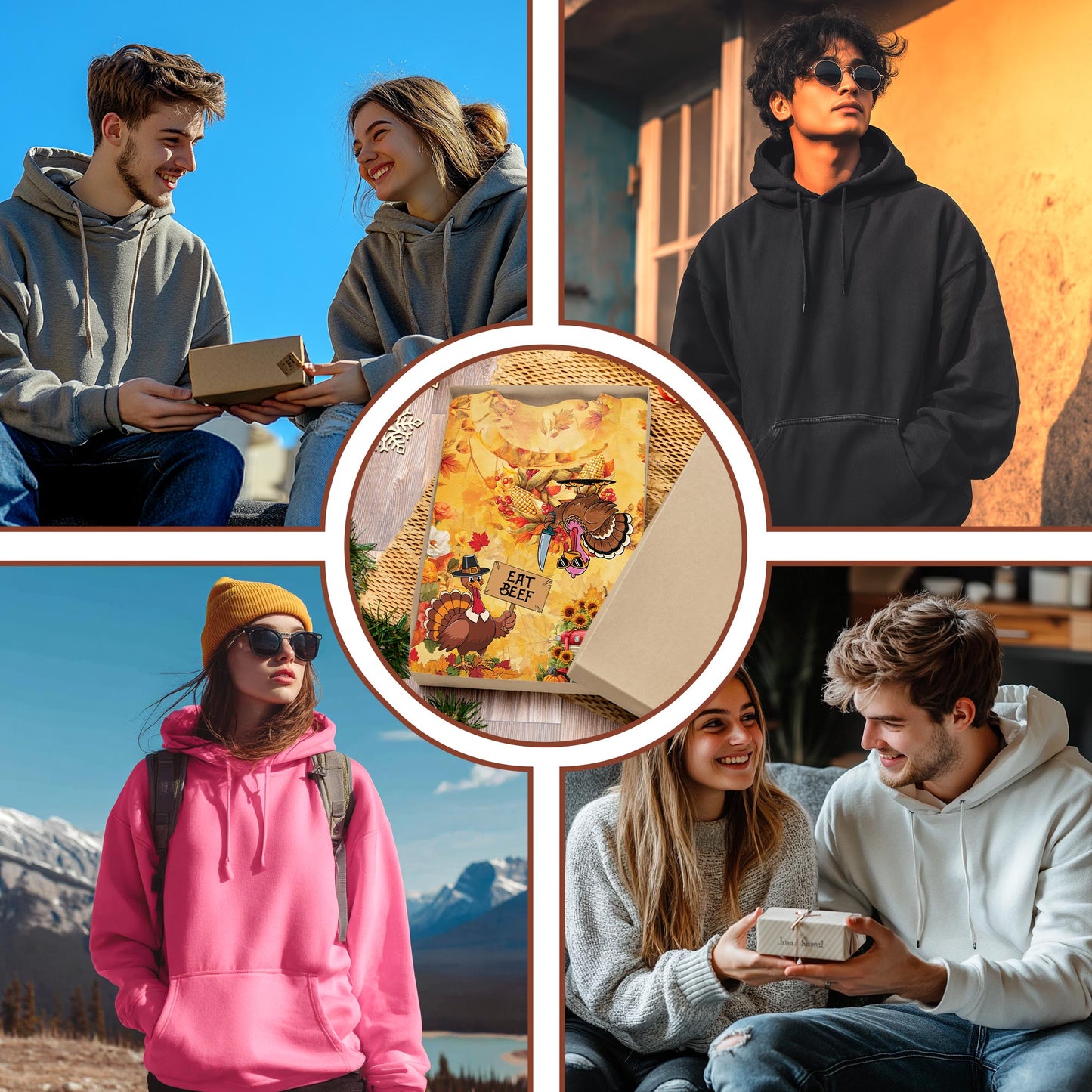 Netecom Funny Thanksgiving Turkey 3D Hoodie with Front Pocket, Unisex Casual All Over Eat Beef Graphic Sweatshirt