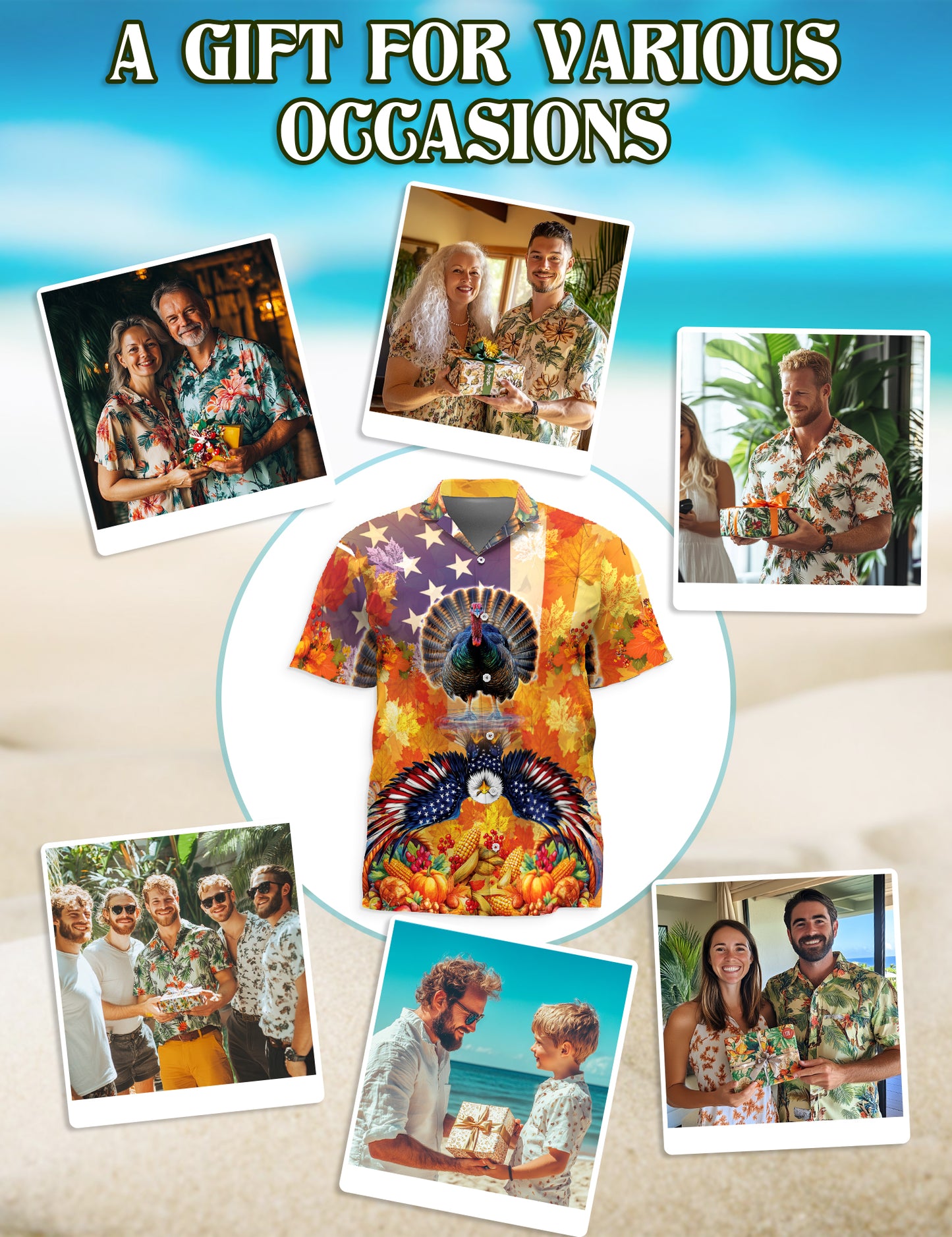 Netecom Turkey and Eagle Thanksgiving Hawaiian Shirt for Men, Autumn Animal Button Down Summer Beach Shirts, S-5XL