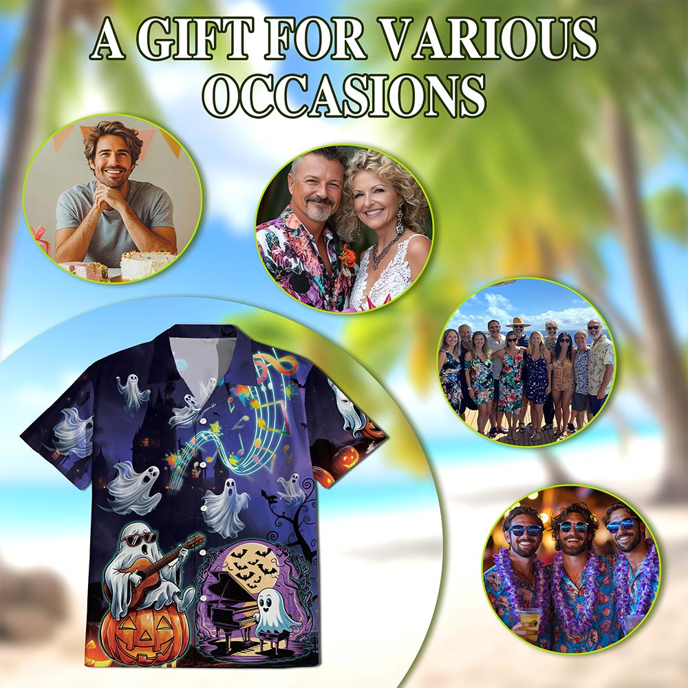 Netecom Music Night Hawaiian Shirt for Men, Halloween Present, Pumpkin Ghost Button Down Summer Beach Shirts, S-5XL