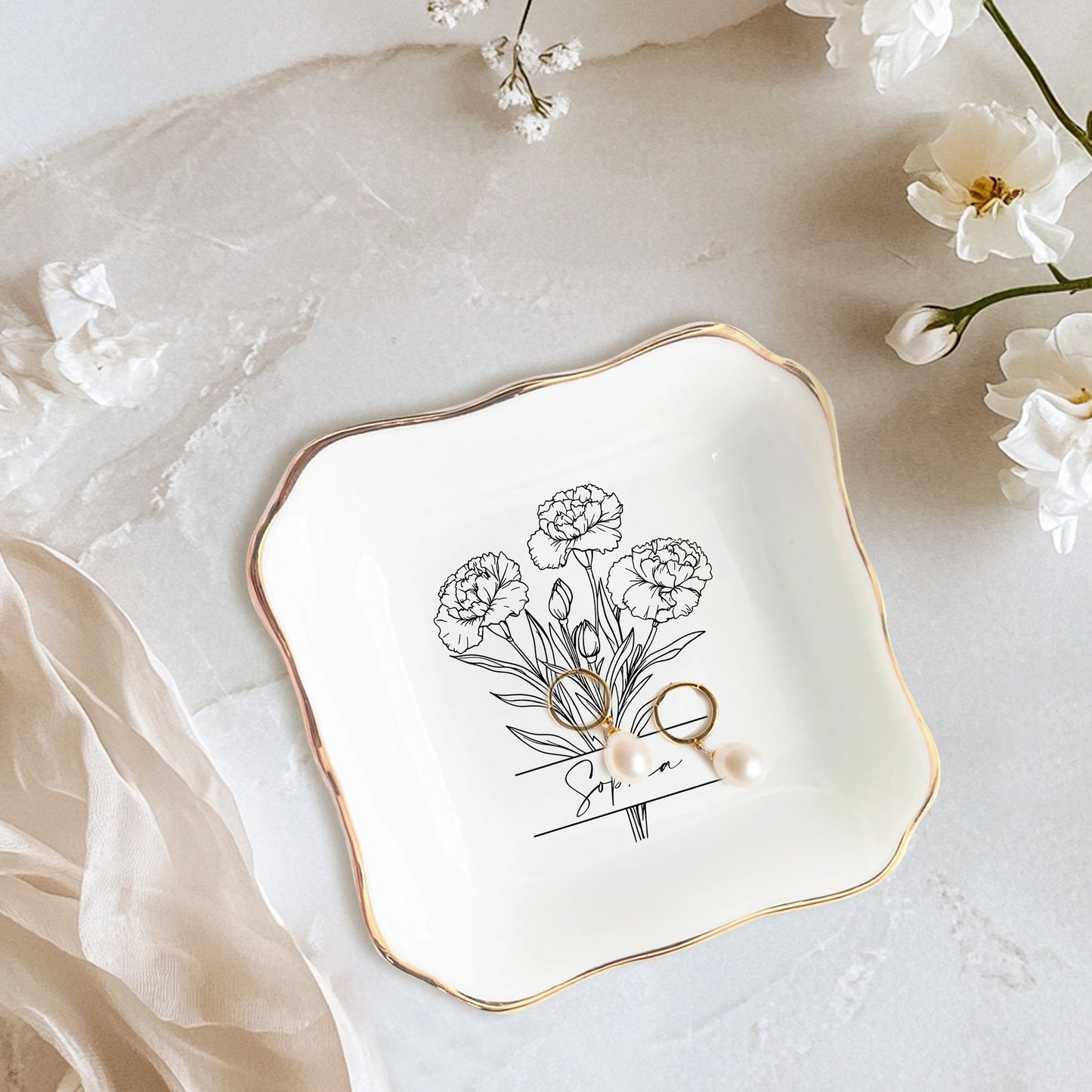 Netecom Personalized Birth Month Flower Ceramic Jewelry Tray , Custom Name Ring Dish Set , Elegant Bridesmaid Gift , Gold Rim Trinket Dish for Her