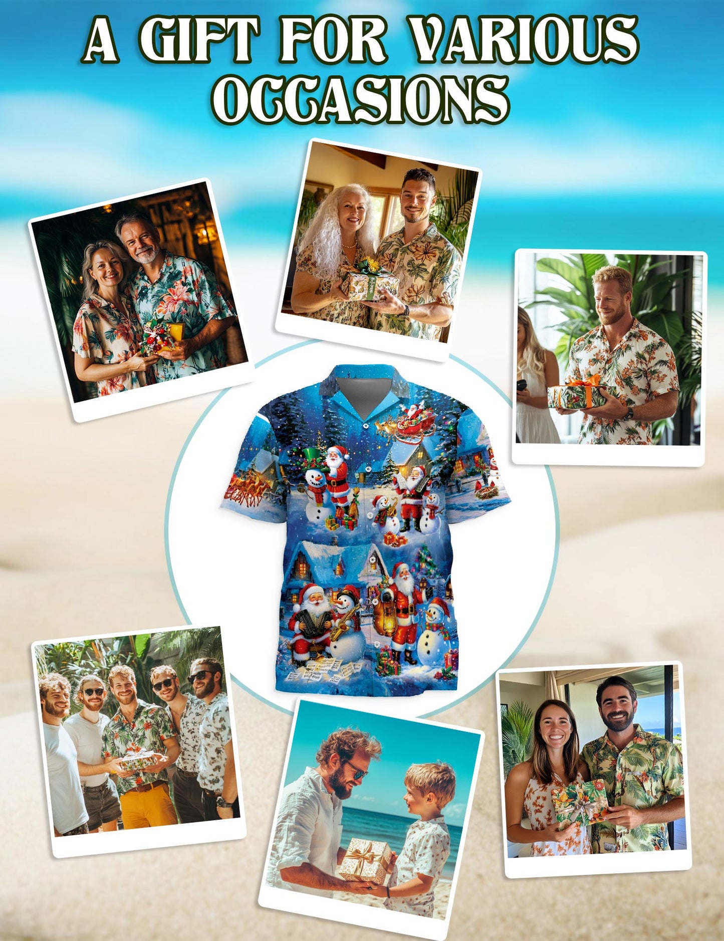 Netecom Funny Santa and Snowman Hawaiian Shirt, Musical Christmas Village Gift Button Down Short Sleeve Shirt, S-5XL