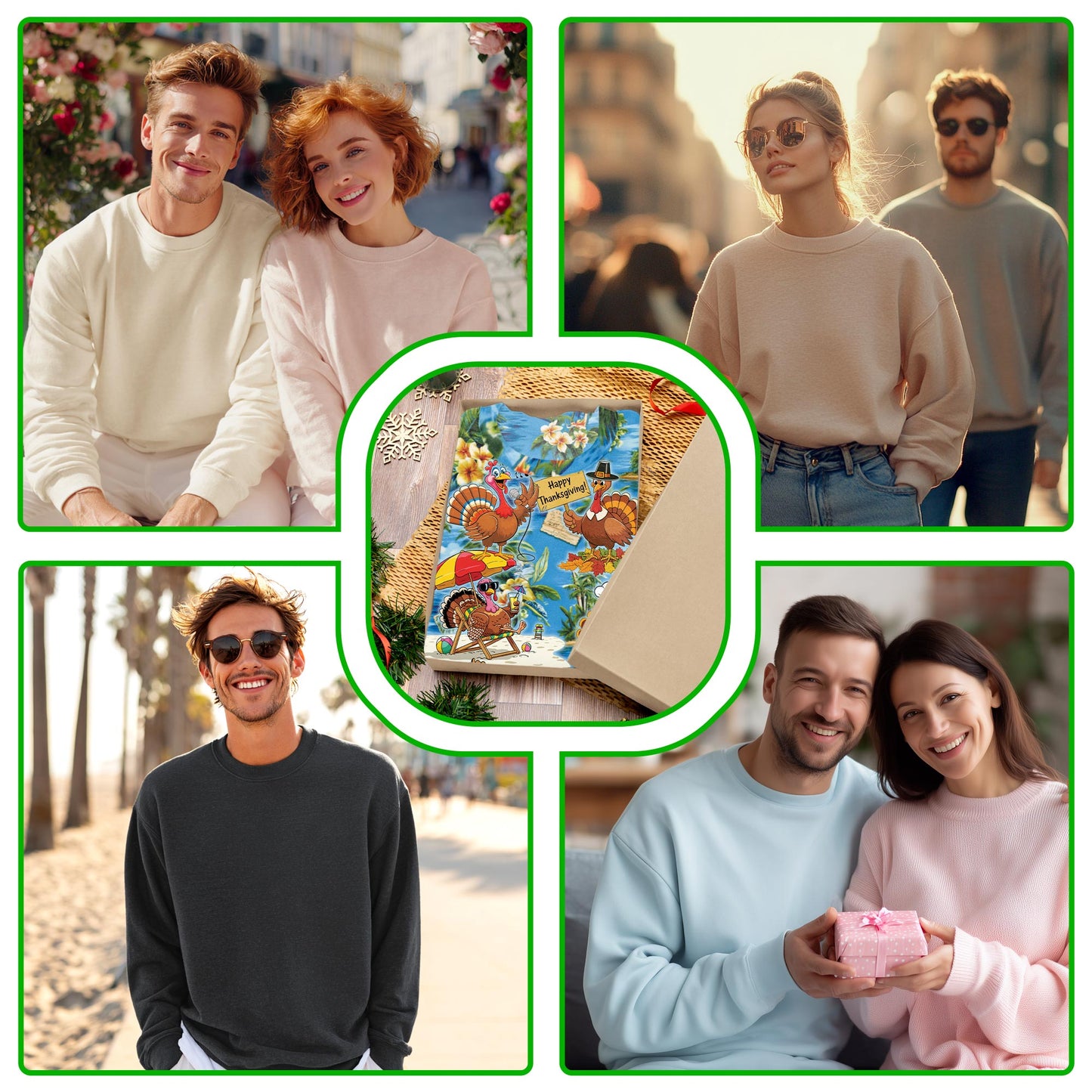 Netecom Thanksgiving Turkey Sweatshirt 3D All Over Print, Funny Hawaiian Beach Design, Crewneck Pullover for Costume Party