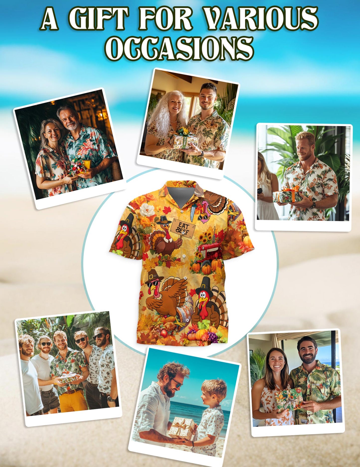 Netecom Funny Thanksgiving Turkey Hawaiian Shirt for Men, Funny Eat Beef Print Holiday Button Down Shirt, S-5XL