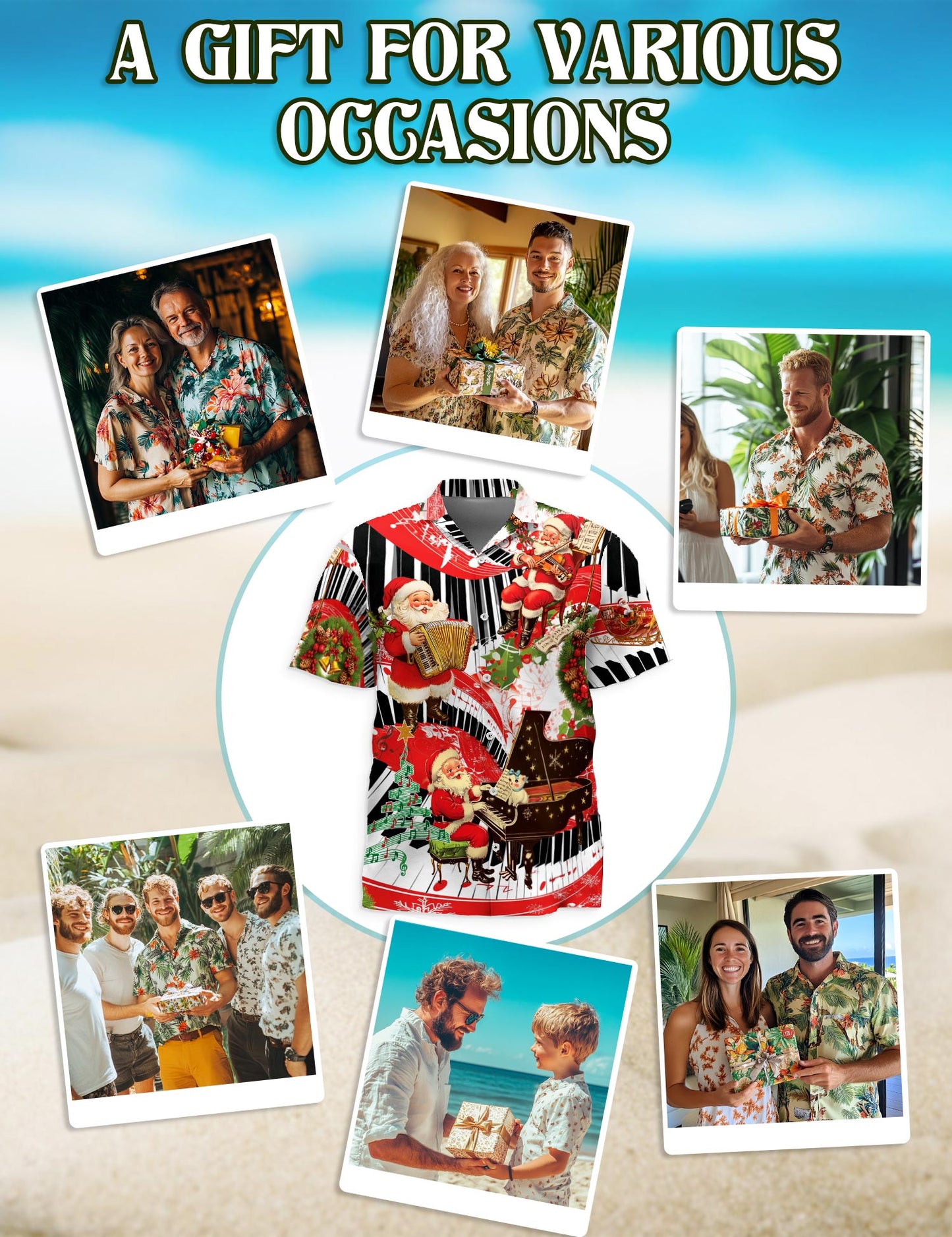 Netecom Santa Claus Playing Musical Instruments Hawaiian Shirt, Christmas Music Theme Button Down Short Sleeve Shirt, S-5XL