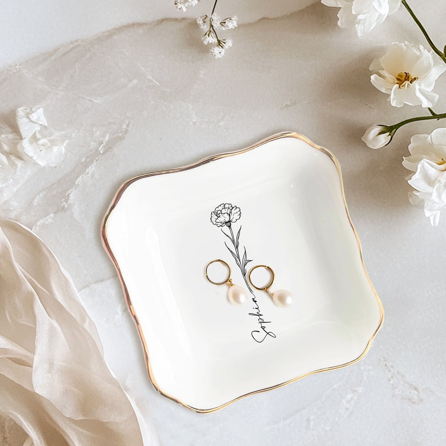 Netecom Personalized Birth Month Flower Trinket Dish , Custom Name Jewelry Holder , Bridesmaid Gift , Ceramic Ring Tray , Unique Christmas Present