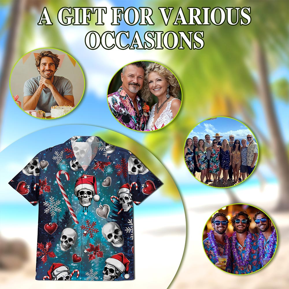 Netecom Skull Santa Christmas Hawaiian Shirt for Men Women, Gothic Button Down Summer Beach Shirts, S-5XL