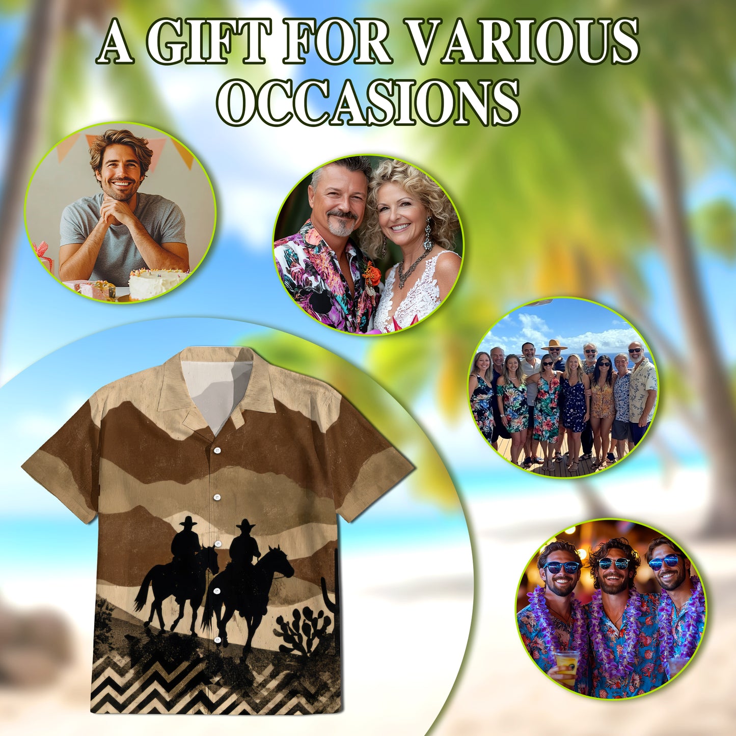 Netecom Cowboys on Horseback Hawaiian Shirt for Men, Western Desert Rider Button Down Summer Beach Short Sleeve Shirt