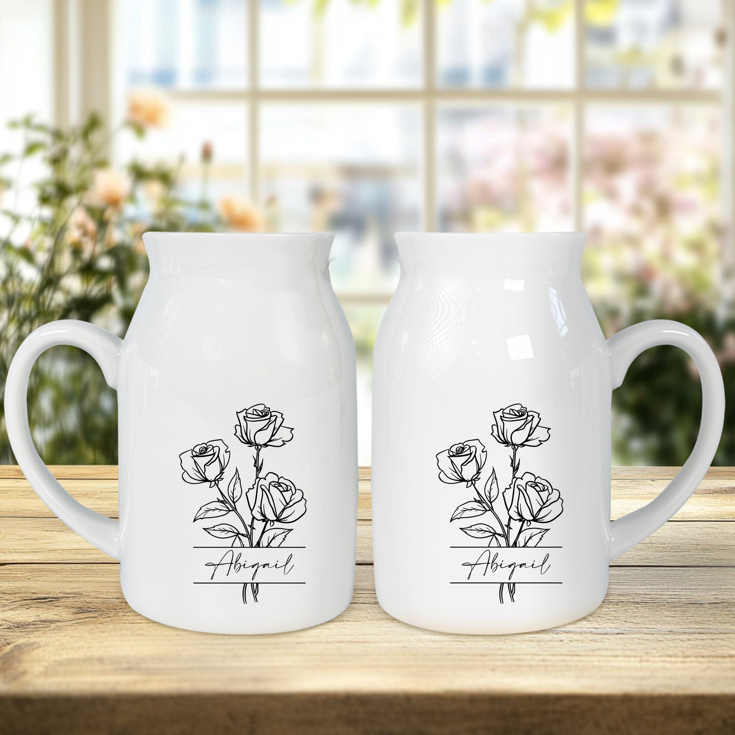Netecom Custom Birth Month Flower Ceramic Vase with Name Personalization, Minimalist Floral Jug, Perfect Gift for Birthday