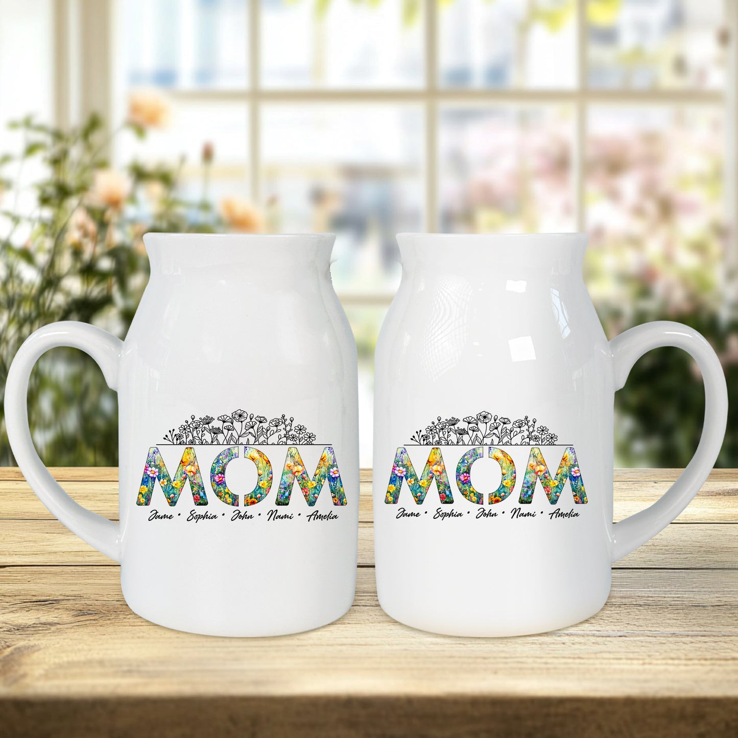 Netecom Personalized Floral "MOM" Ceramic Jug Vase with Custom Names, Unique Family Gift for Mother’s Day, Birthdays, or Holidays