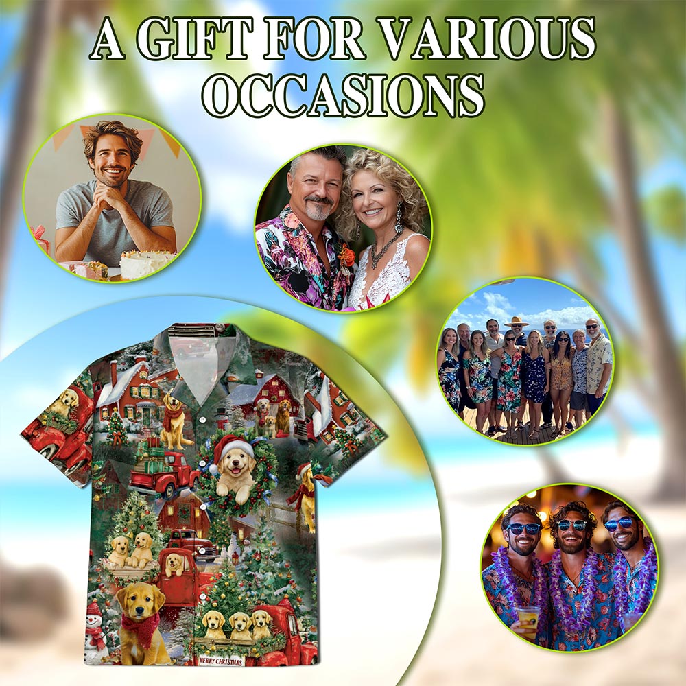 Netecom Golden Retriever Christmas Hawaiian Shirt for Men, Festive Dog Holiday Print Button Down Summer Beach Shirt, S-5XL