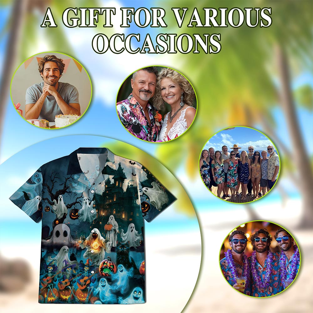 Netecom Halloween Ghost Hawaiian Shirt for Men, Ghost Skeleton Button Down Summer Beach Short Sleeve Shirts, S-5XL