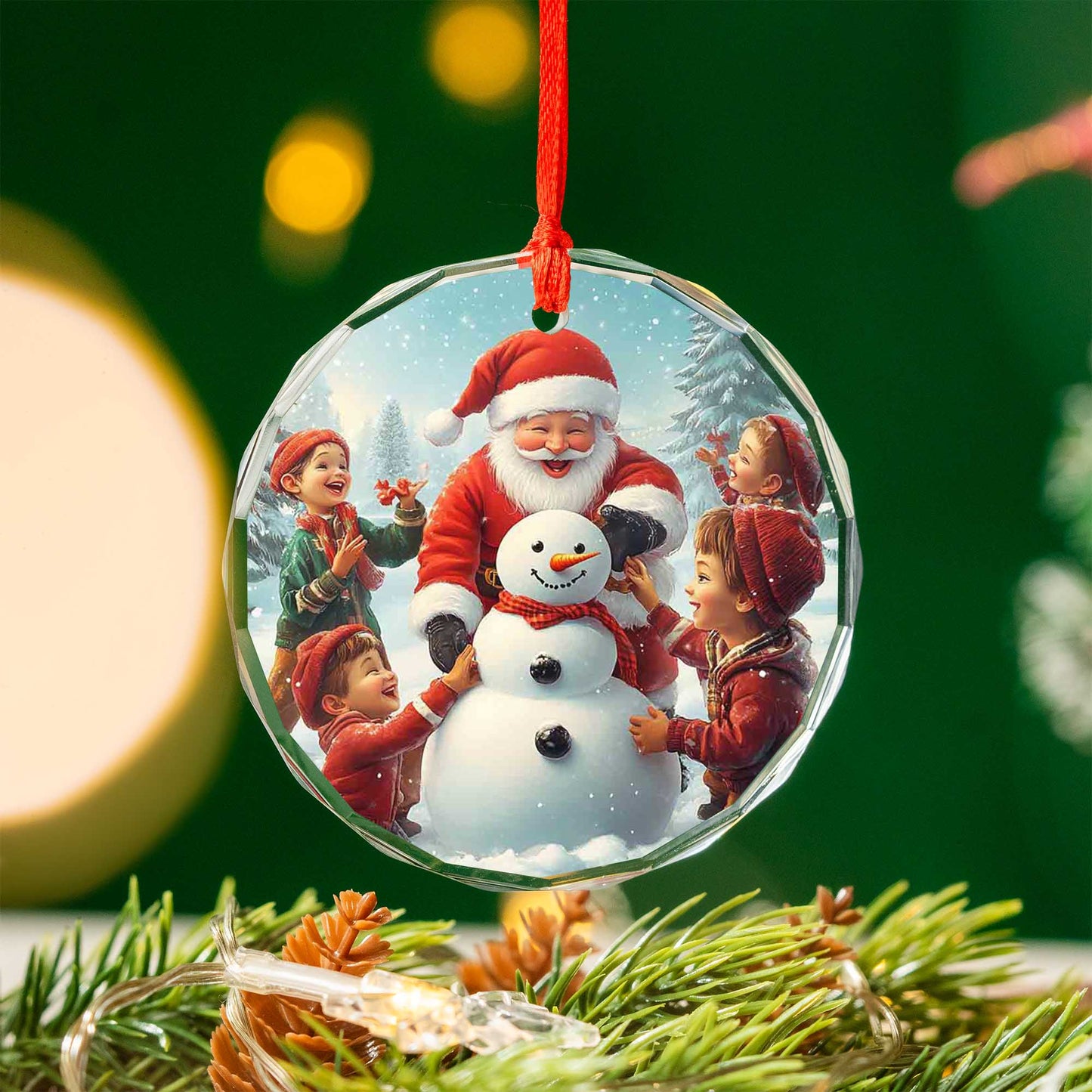 Netecom Santa Claus and Children Glass Ornament – Christmas Tree Decoration with Snowman, Holiday Keepsake, 3 in