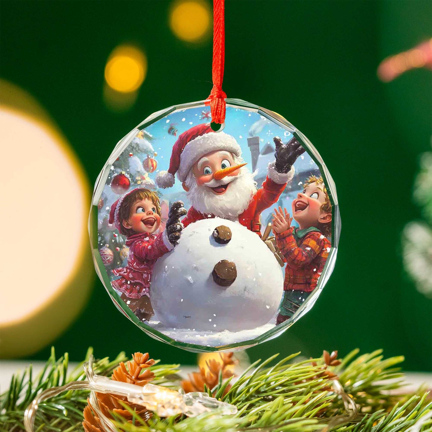 Netecom Santa Claus and Children with Snowman Glass Ornament – Holiday Tree Decoration, Gift Keepsake, 3 in
