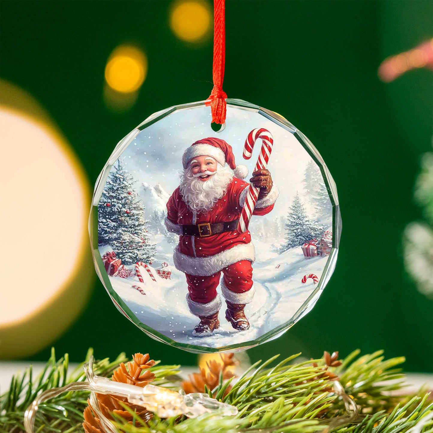 Netecom Santa Claus Glass Ornament – Walking in Snow with Candy Cane, Christmas Tree Decor, Perfect Keepsake Gift, 3 in