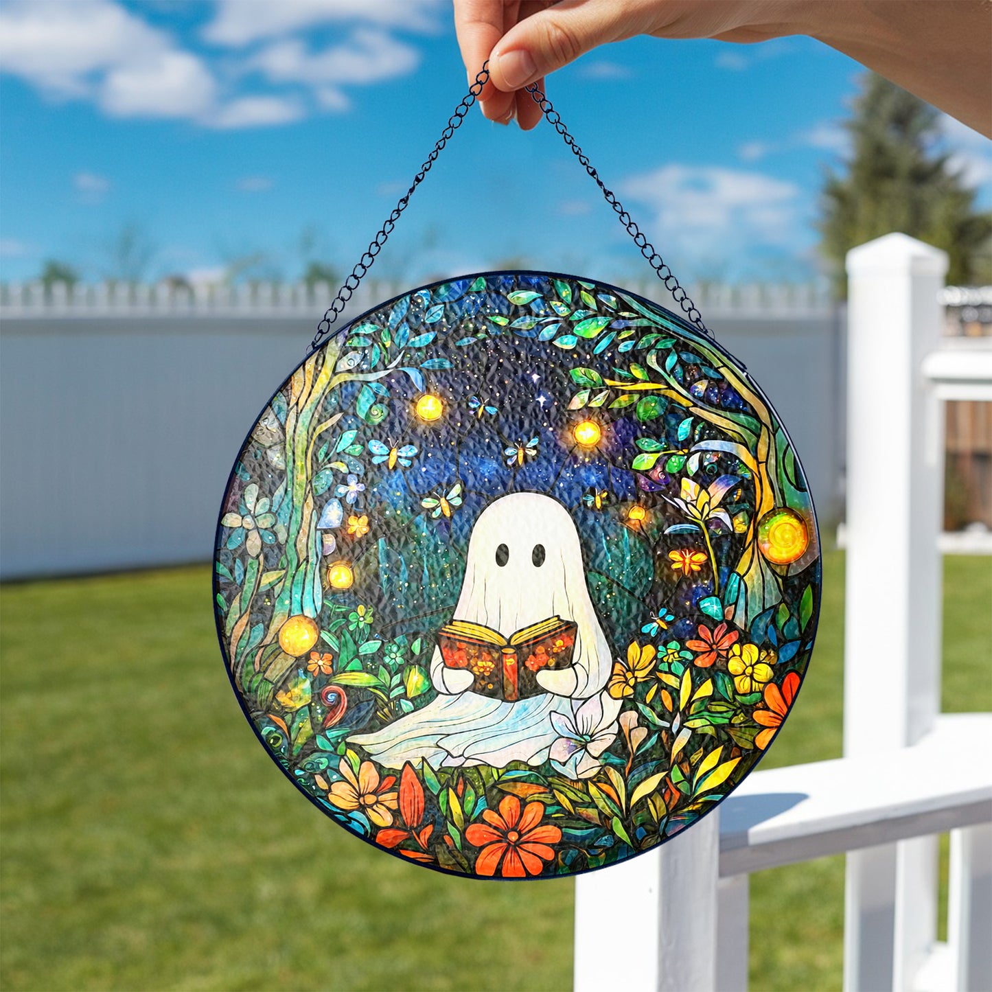 Netecom Reading Ghost in Forest Stained Glass Suncatcher, Firefly Night Window Hanging, Whimsical Glass Decor, Unique Gift for Book Lovers and Cozy Home Accent