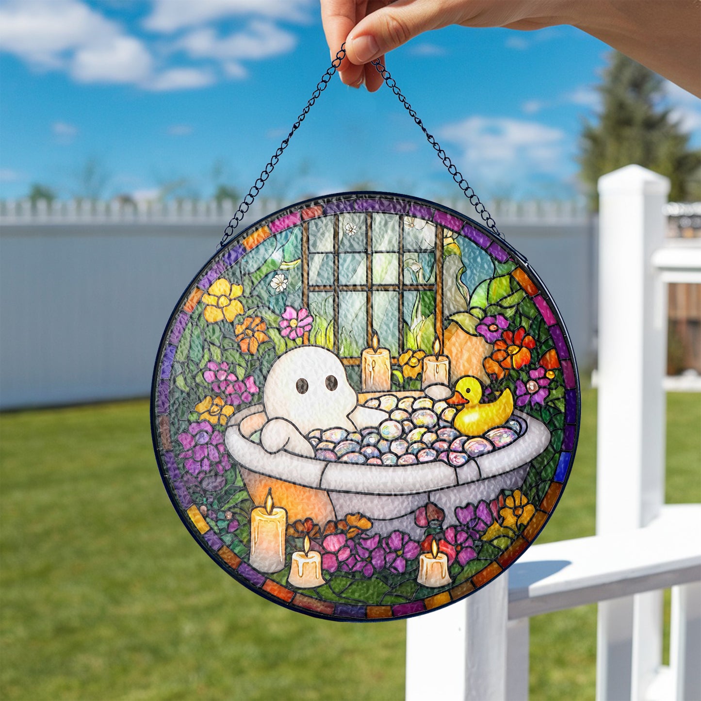 Netecom Charming Ghost in Bathtub Stained Glass Sun Catcher – Quirky Decorative Ornament, Perfect Gift for Fun and Whimsy