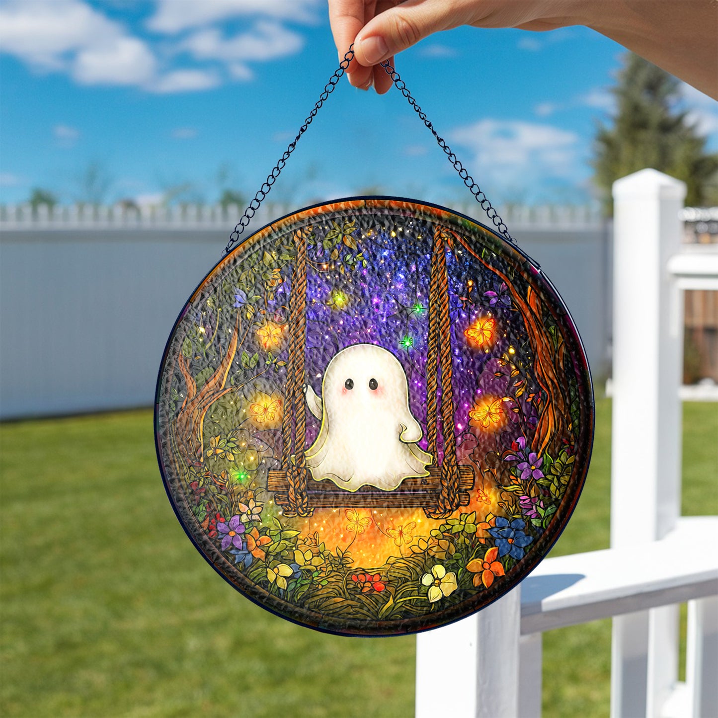 Netecom Waving Ghost on Swing Stained Glass Suncatcher, Enchanted Forest Window Hanging, Cute Halloween Decor, Unique Gift for Mystical Home Accent
